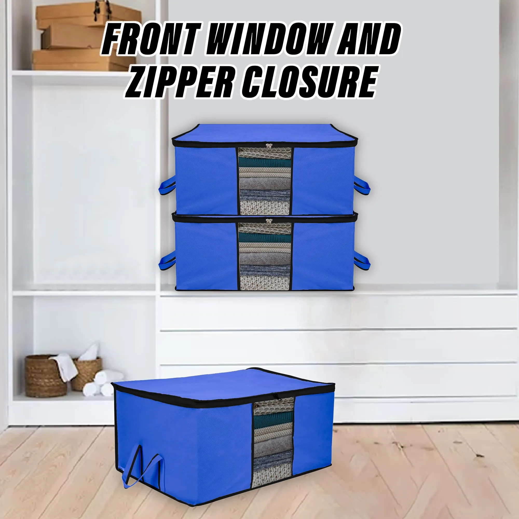 Kuber Industries Underbed Storage Bag | Clothes Storage Organizer | Blanket Cover with Clear Window | Zipper Closure & Handle Cloth Organizer | Plain Black Border | Large | Pack of 2 | Blue
