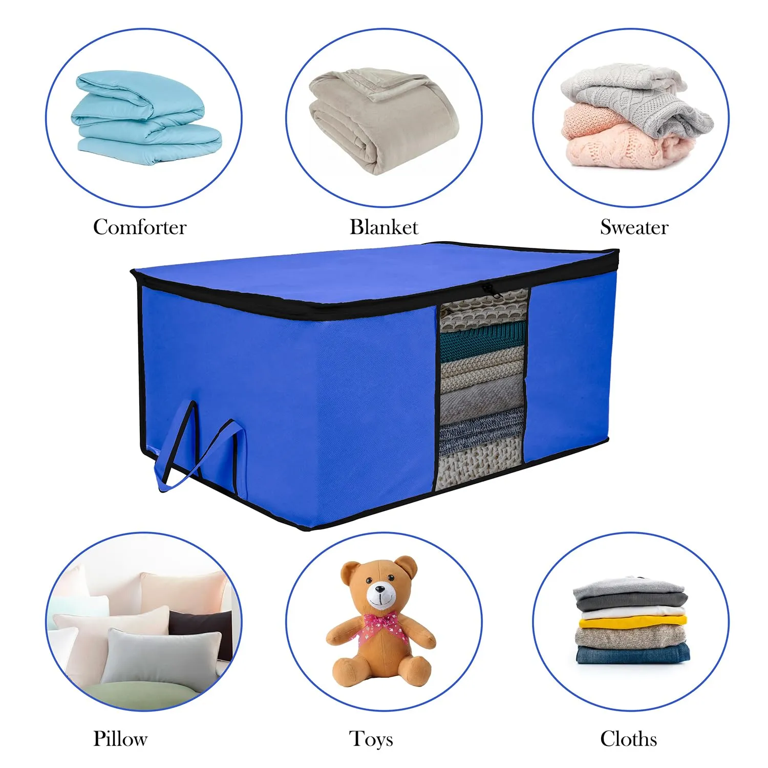 Kuber Industries Underbed Storage Bag | Clothes Storage Organizer | Blanket Cover with Clear Window | Zipper Closure & Handle Cloth Organizer | Plain Black Border | Large | Pack of 2 | Blue