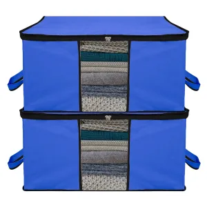 Kuber Industries Underbed Storage Bag | Clothes Storage Organizer | Blanket Cover with Clear Window | Zipper Closure & Handle Cloth Organizer | Plain Black Border | Large | Pack of 2 | Blue