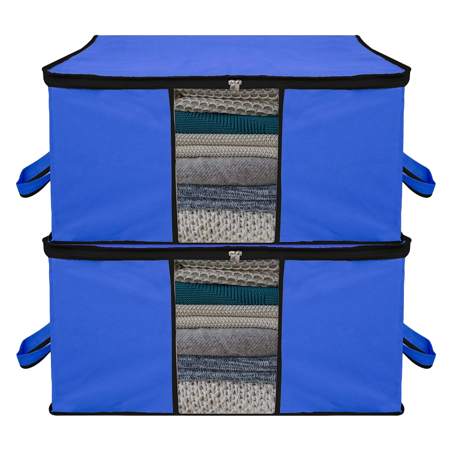 Kuber Industries Underbed Storage Bag | Clothes Storage Organizer | Blanket Cover with Clear Window | Zipper Closure & Handle Cloth Organizer | Plain Black Border | Large | Pack of 2 | Blue
