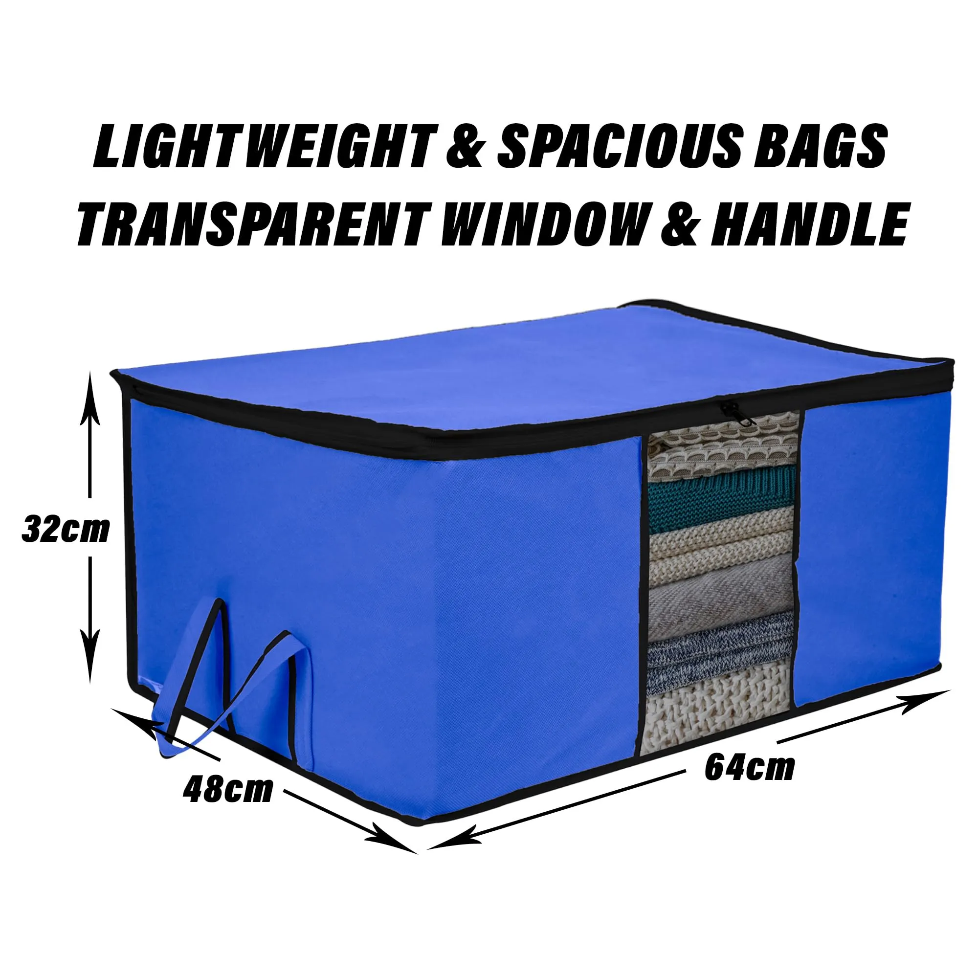 Kuber Industries Underbed Storage Bag | Clothes Storage Organizer | Blanket Cover with Clear Window | Zipper Closure & Handle Cloth Organizer | Plain Black Border | Large | Pack of 2 | Blue