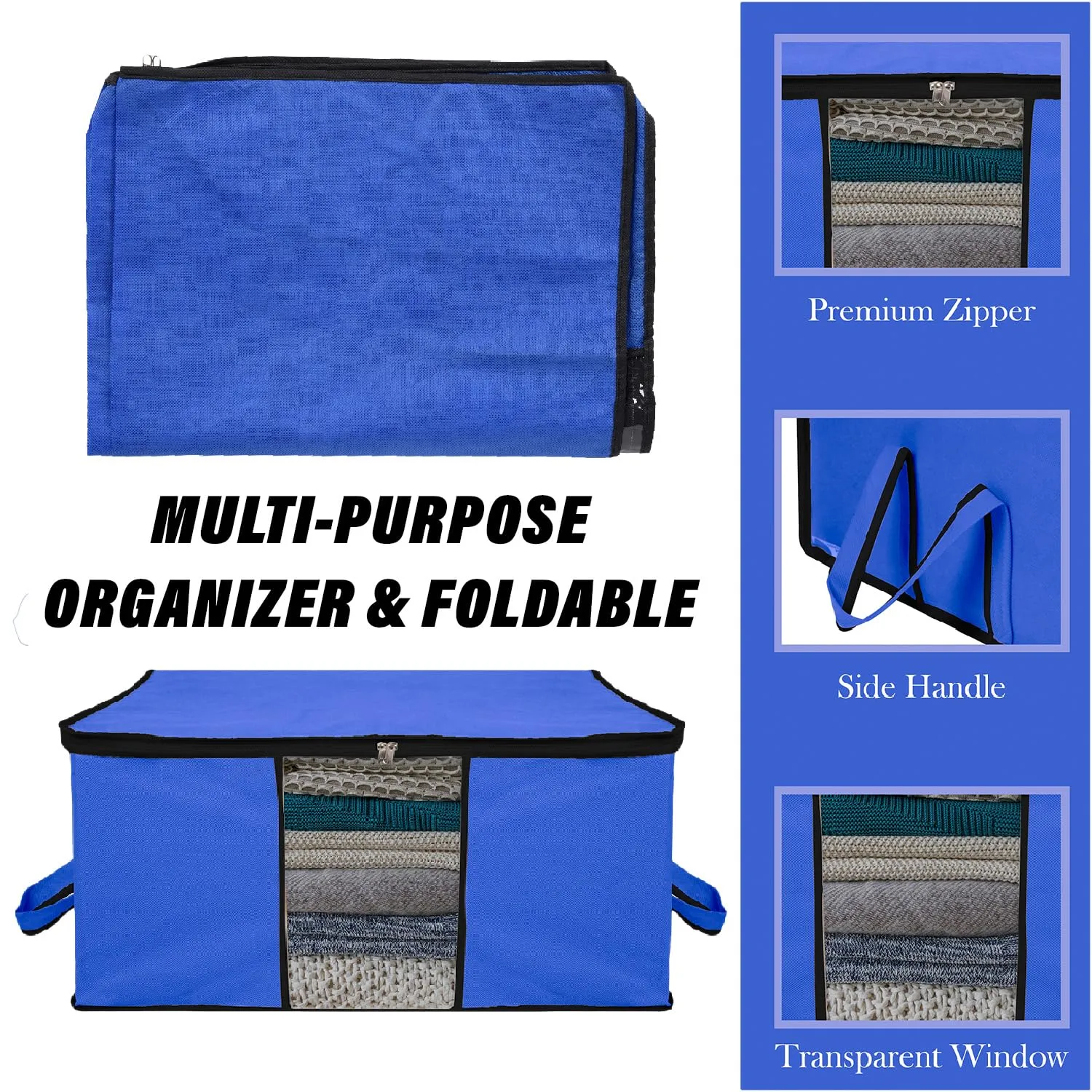 Kuber Industries Underbed Storage Bag | Clothes Storage Organizer | Blanket Cover with Clear Window | Zipper Closure & Handle Cloth Organizer | Plain Black Border | Large | Pack of 2 | Blue
