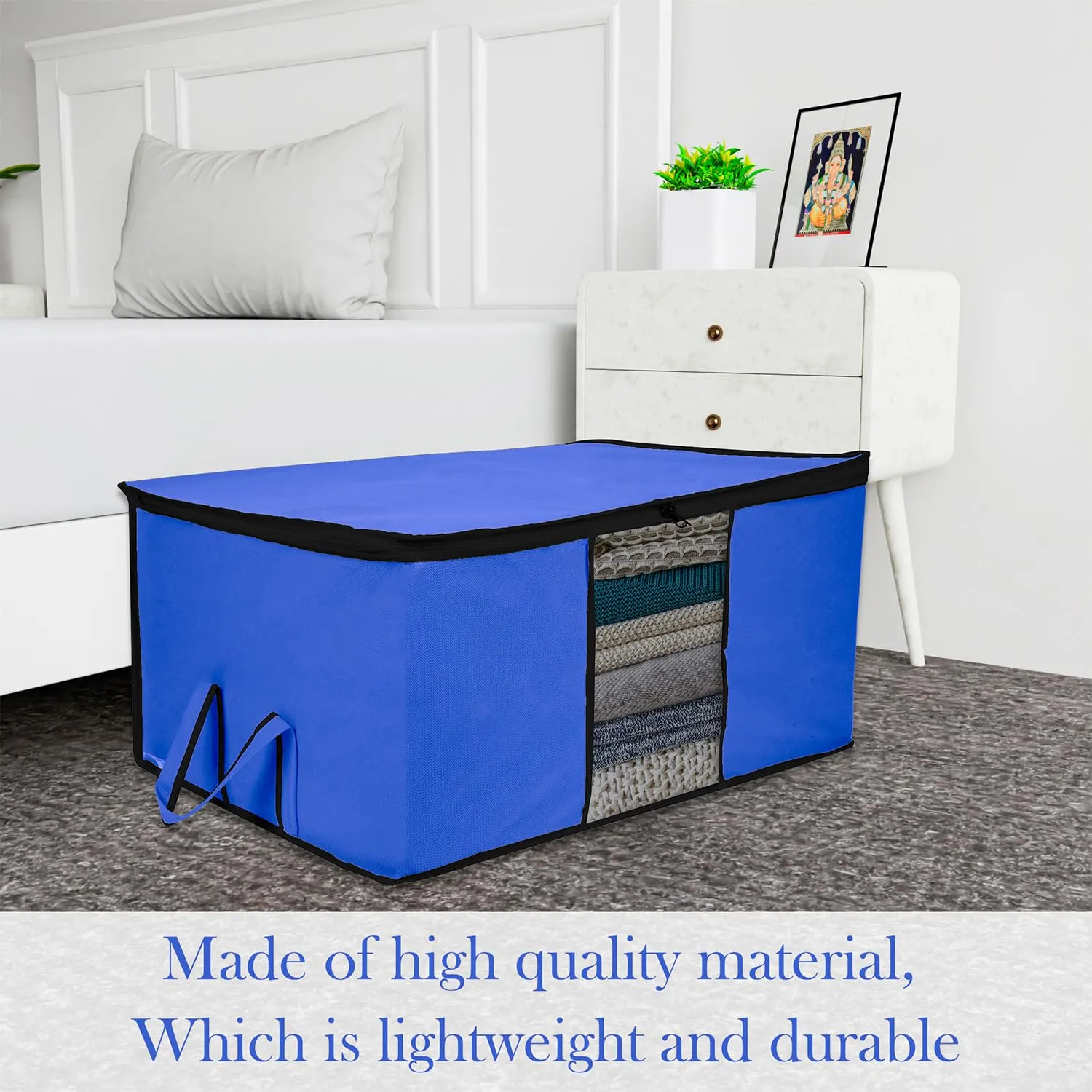 Kuber Industries Underbed Storage Bag | Clothes Storage Organizer | Blanket Cover with Clear Window | Zipper Closure & Handle Cloth Organizer | Plain Black Border | Large | Pack of 2 | Blue