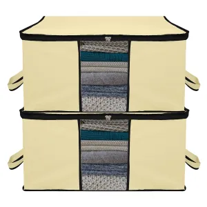 Kuber Industries Underbed Storage Bag | Clothes Storage Organizer | Blanket Cover with Clear Window | Zipper Closure & Handle Cloth Organizer | Plain Black Border | Large | Pack of 2 | Cream