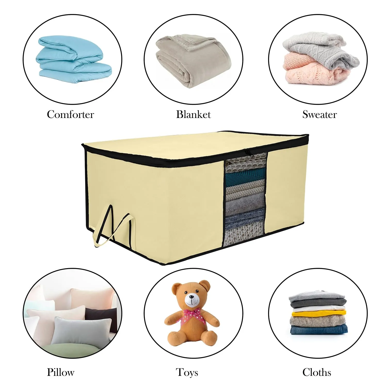 Kuber Industries Underbed Storage Bag | Clothes Storage Organizer | Blanket Cover with Clear Window | Zipper Closure & Handle Cloth Organizer | Plain Black Border | Large | Pack of 2 | Cream