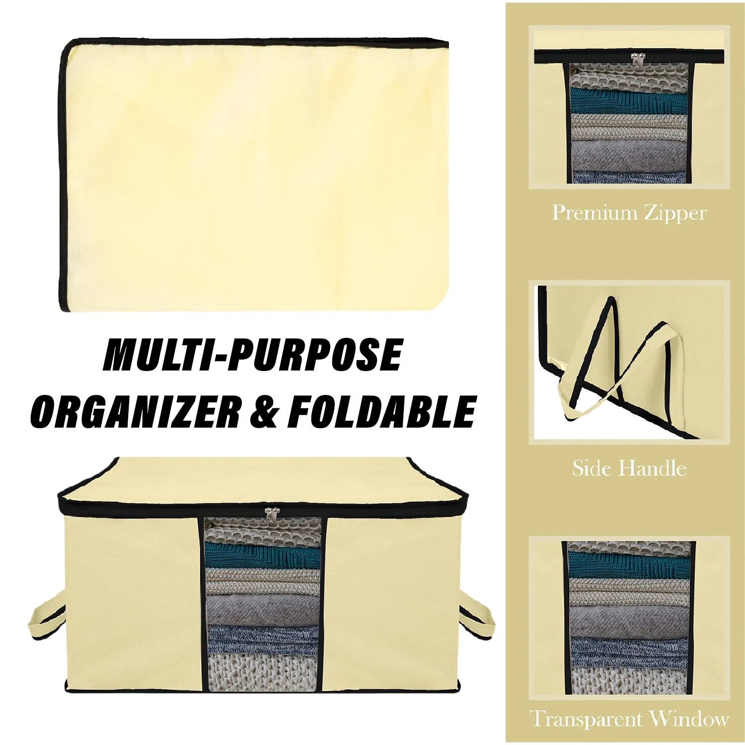 Kuber Industries Underbed Storage Bag | Clothes Storage Organizer | Blanket Cover with Clear Window | Zipper Closure & Handle Cloth Organizer | Plain Black Border | Large | Pack of 2 | Cream