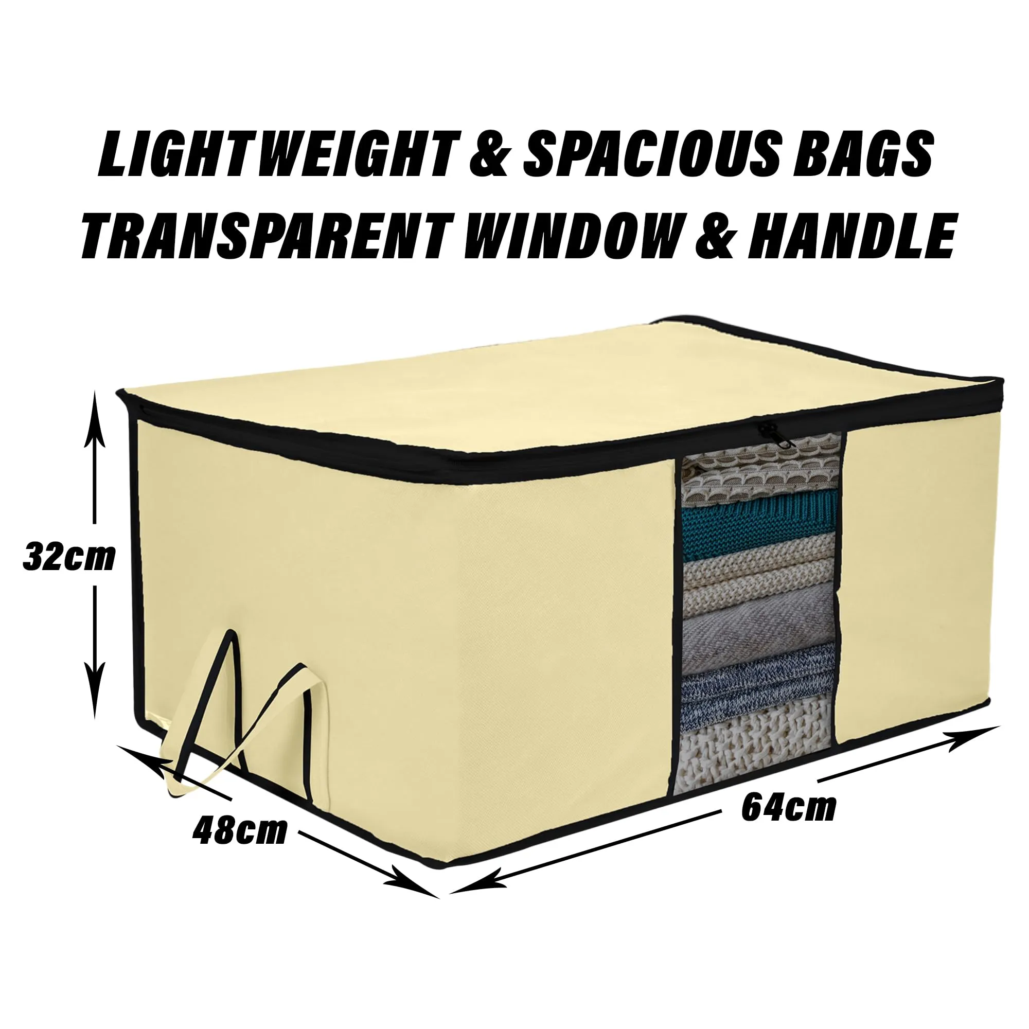 Kuber Industries Underbed Storage Bag | Clothes Storage Organizer | Blanket Cover with Clear Window | Zipper Closure & Handle Cloth Organizer | Plain Black Border | Large | Pack of 2 | Cream