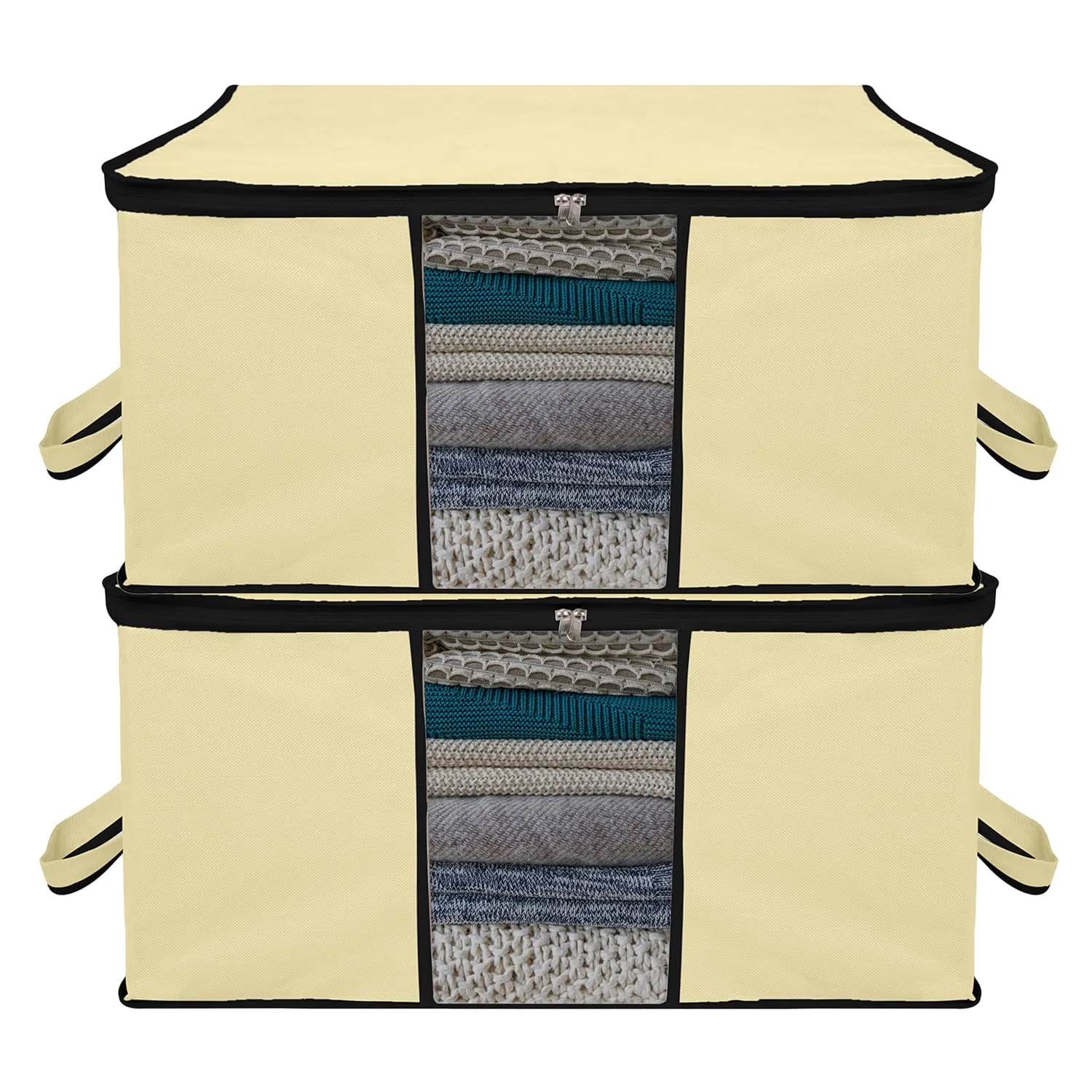 Kuber Industries Underbed Storage Bag | Clothes Storage Organizer | Blanket Cover with Clear Window | Zipper Closure & Handle Cloth Organizer | Plain Black Border | Large | Pack of 2 | Cream