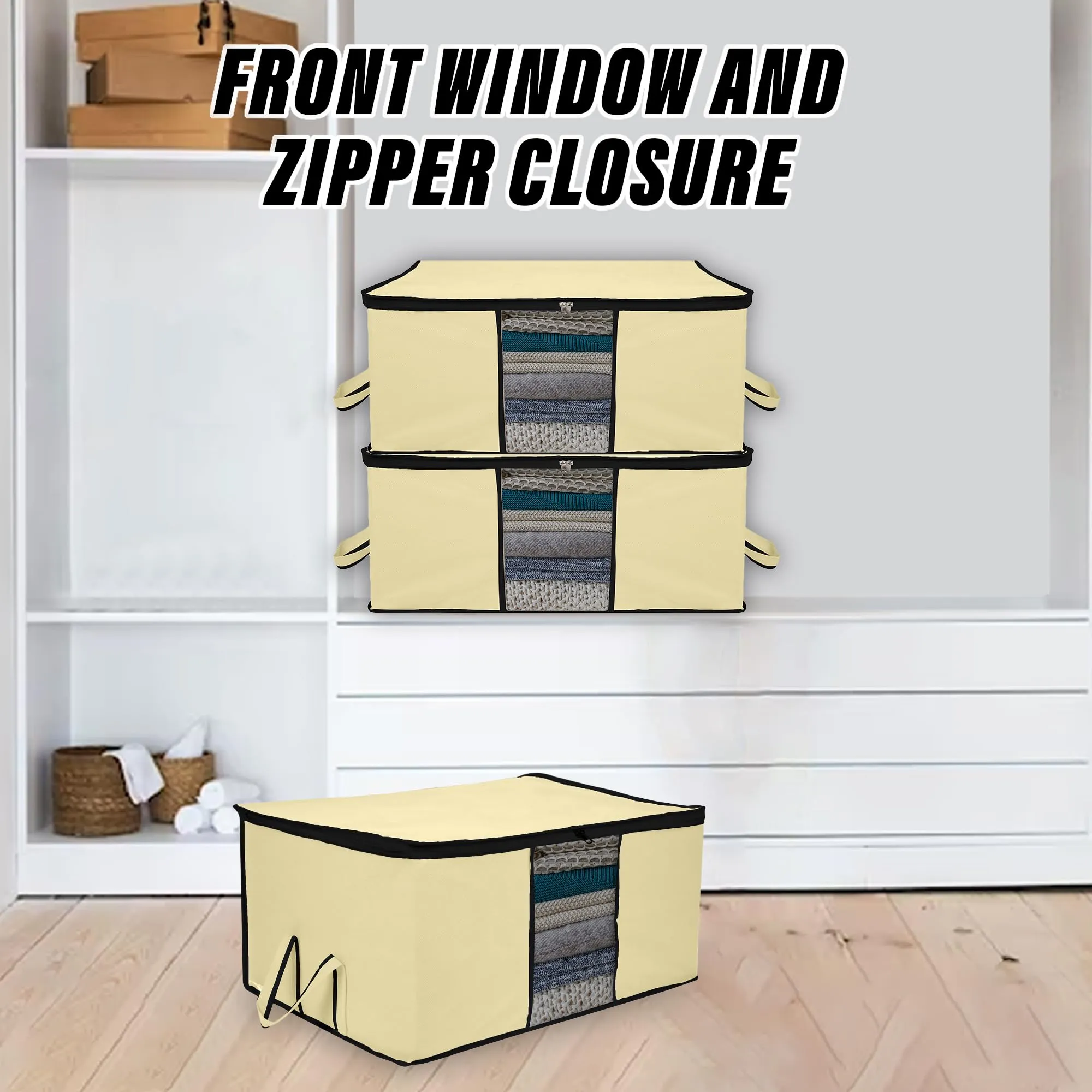 Kuber Industries Underbed Storage Bag | Clothes Storage Organizer | Blanket Cover with Clear Window | Zipper Closure & Handle Cloth Organizer | Plain Black Border | Large | Pack of 2 | Cream