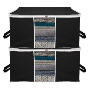 Kuber Industries Underbed Storage Bag | Clothes Storage Organizer | Blanket Cover with Clear Window | Zipper Closure & Handle Cloth Organizer | Plain White Border | Large | Pack of 2 | Black