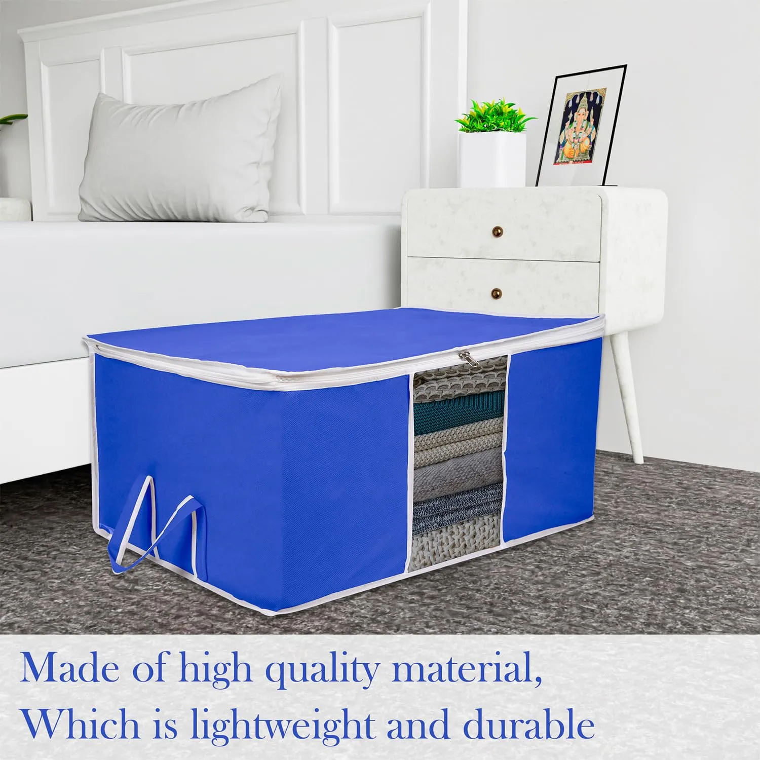 Kuber Industries Underbed Storage Bag | Clothes Storage Organizer | Blanket Cover with Clear Window | Zipper Closure & Handle Cloth Organizer | Plain White Border | Large | Pack of 2 | Royal Blue