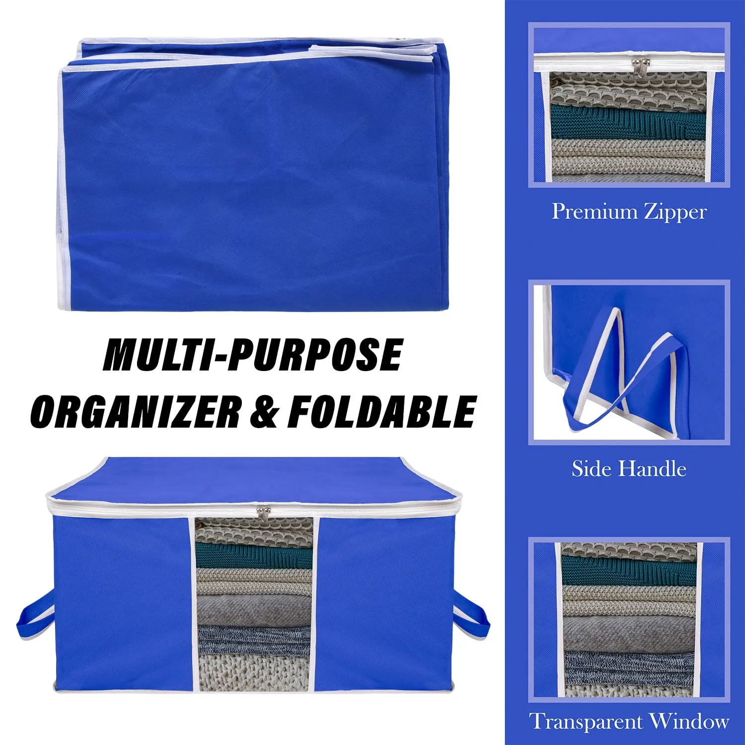 Kuber Industries Underbed Storage Bag | Clothes Storage Organizer | Blanket Cover with Clear Window | Zipper Closure & Handle Cloth Organizer | Plain White Border | Large | Pack of 2 | Royal Blue