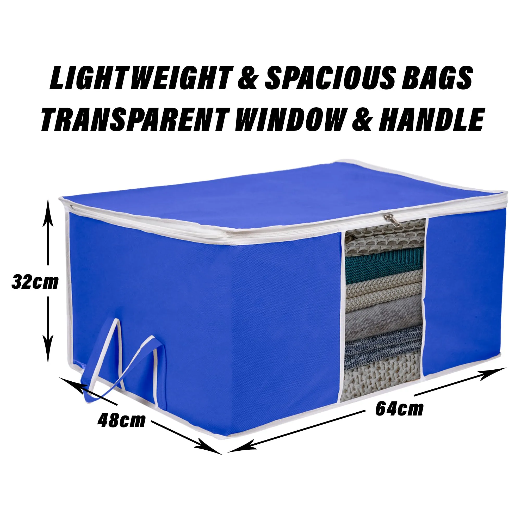Kuber Industries Underbed Storage Bag | Clothes Storage Organizer | Blanket Cover with Clear Window | Zipper Closure & Handle Cloth Organizer | Plain White Border | Large | Pack of 2 | Royal Blue