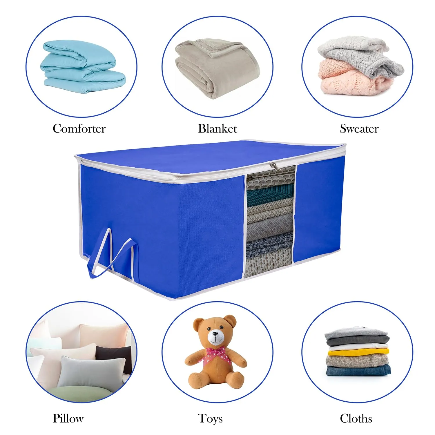 Kuber Industries Underbed Storage Bag | Clothes Storage Organizer | Blanket Cover with Clear Window | Zipper Closure & Handle Cloth Organizer | Plain White Border | Large | Pack of 2 | Royal Blue