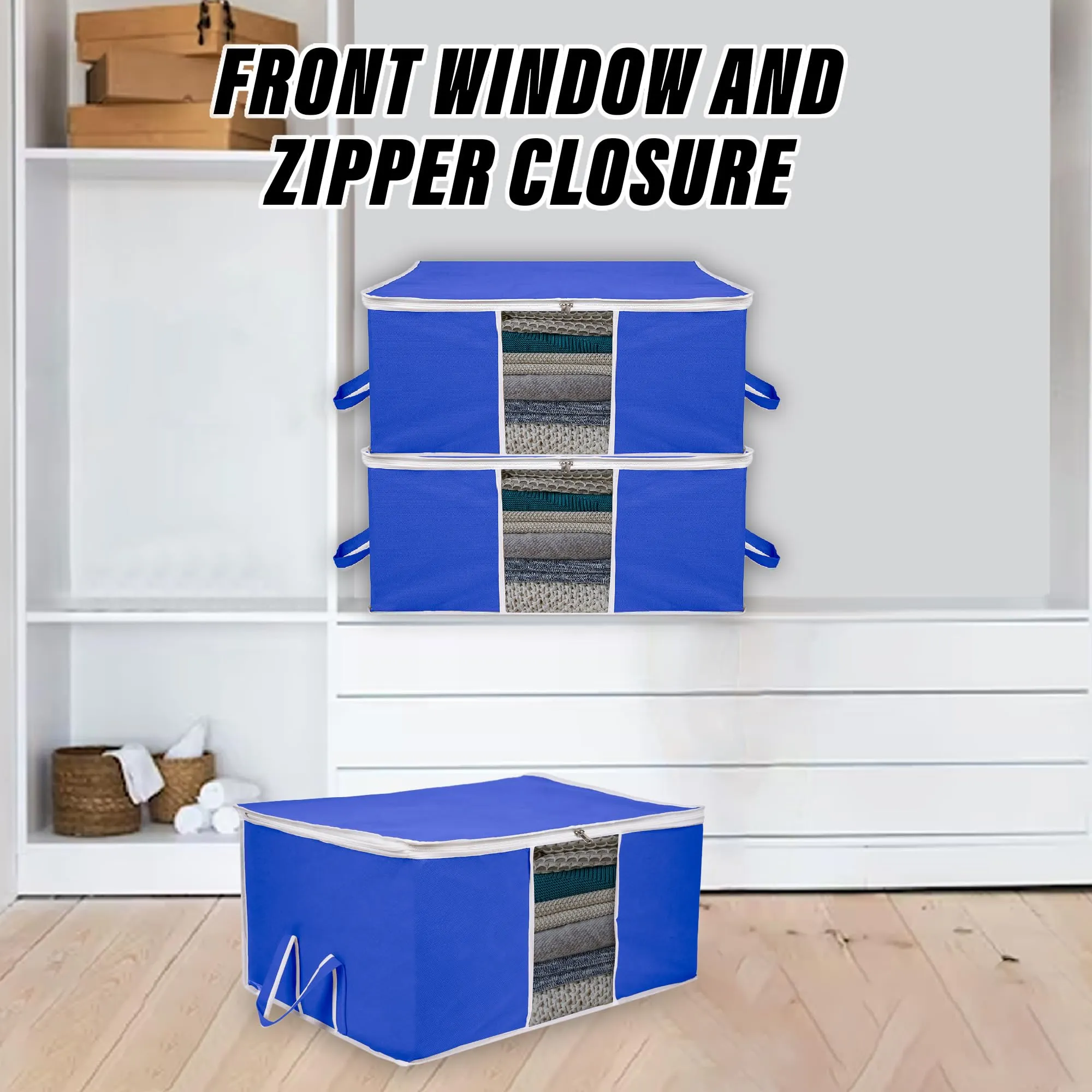 Kuber Industries Underbed Storage Bag | Clothes Storage Organizer | Blanket Cover with Clear Window | Zipper Closure & Handle Cloth Organizer | Plain White Border | Large | Pack of 2 | Royal Blue