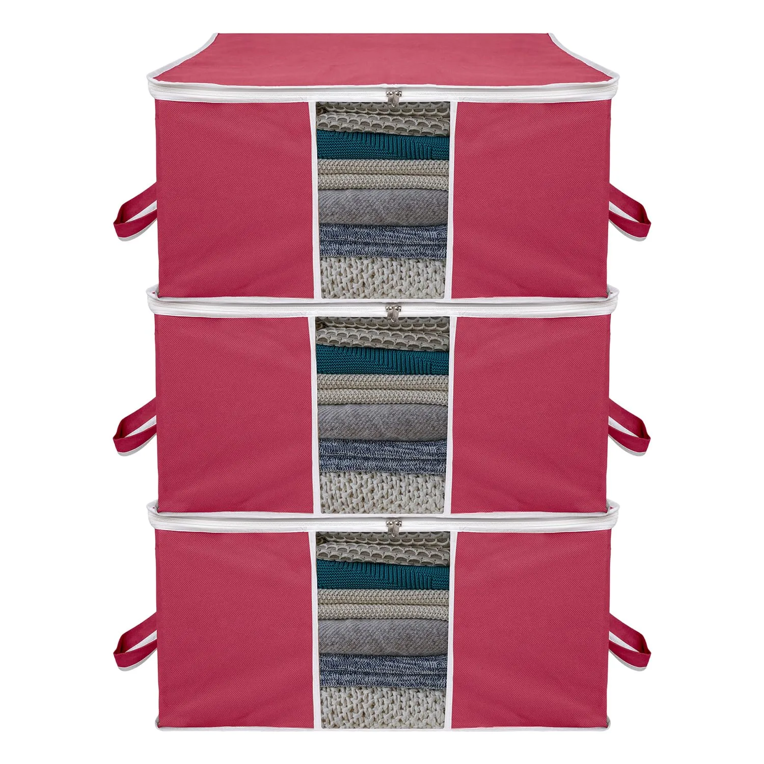 Kuber Industries Underbed Storage Bag | Clothes Storage Organizer | Blanket Cover with Clear Window | Zipper Closure & Handle Cloth Organizer | Plain White Border | Large | Pack of 3 | Maroon