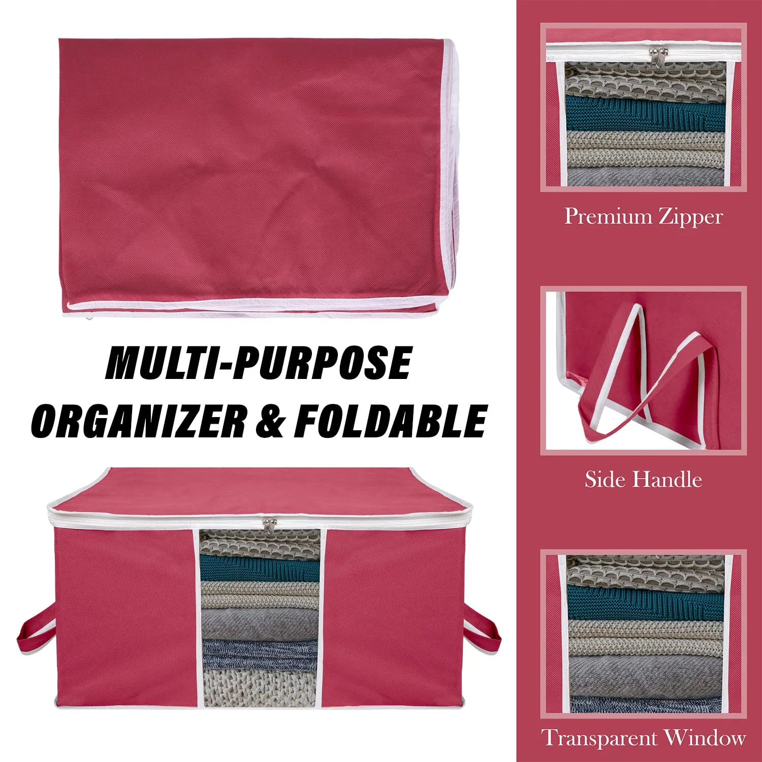 Kuber Industries Underbed Storage Bag | Clothes Storage Organizer | Blanket Cover with Clear Window | Zipper Closure & Handle Cloth Organizer | Plain White Border | Large | Pack of 3 | Maroon