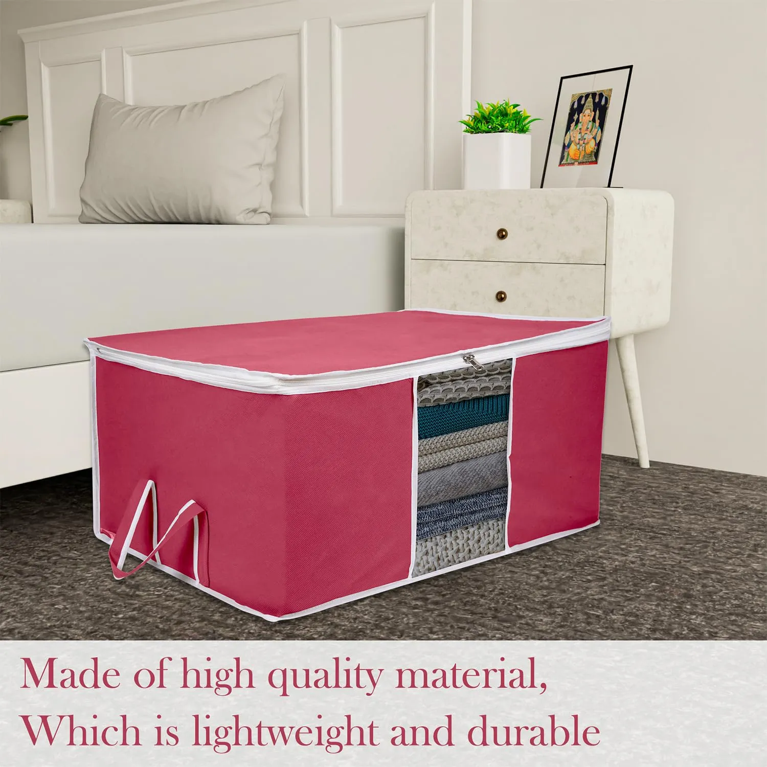 Kuber Industries Underbed Storage Bag | Clothes Storage Organizer | Blanket Cover with Clear Window | Zipper Closure & Handle Cloth Organizer | Plain White Border | Large | Pack of 3 | Maroon