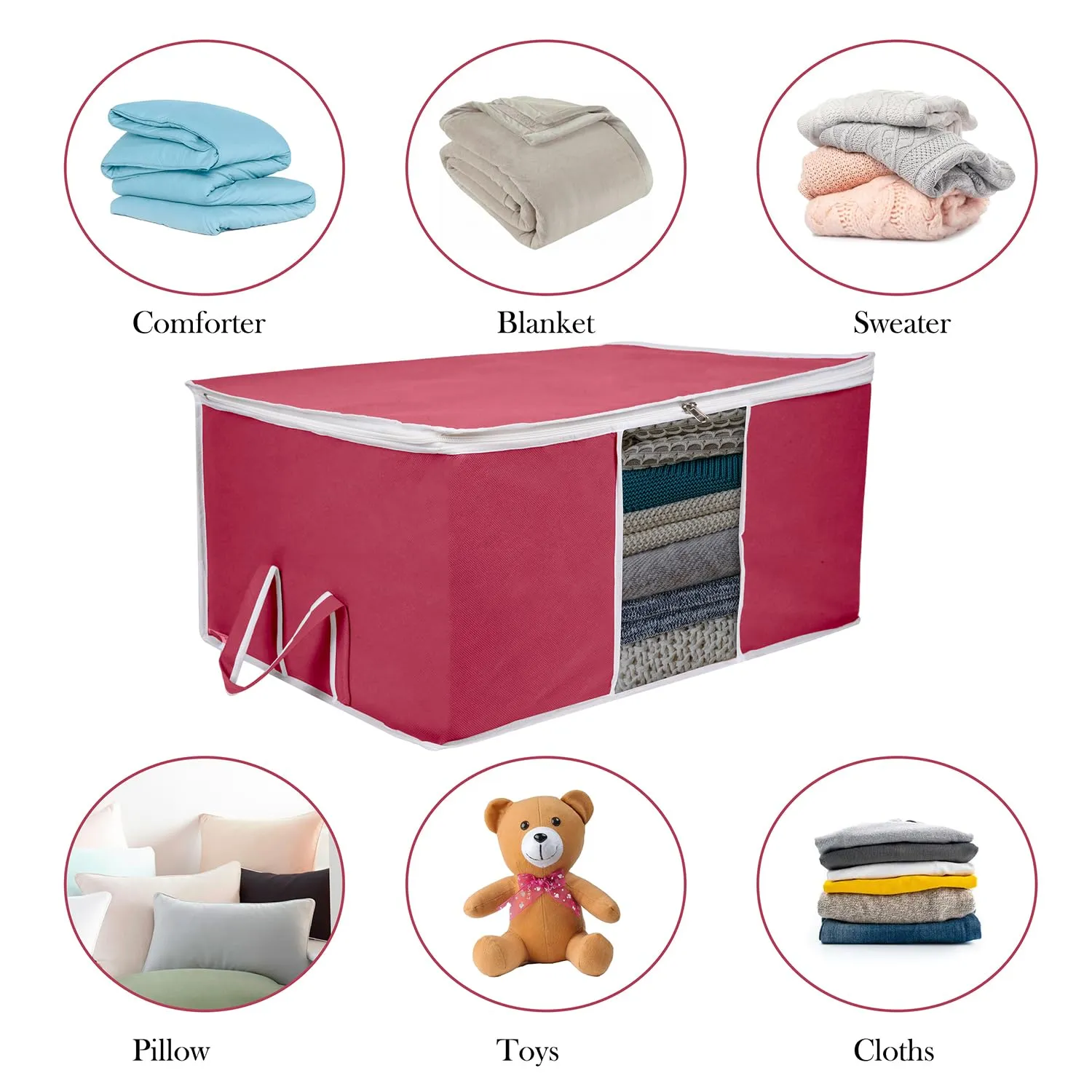 Kuber Industries Underbed Storage Bag | Clothes Storage Organizer | Blanket Cover with Clear Window | Zipper Closure & Handle Cloth Organizer | Plain White Border | Large | Pack of 3 | Maroon