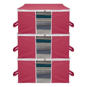 Kuber Industries Underbed Storage Bag | Clothes Storage Organizer | Blanket Cover with Clear Window | Zipper Closure & Handle Cloth Organizer | Plain White Border | Large | Pack of 3 | Maroon