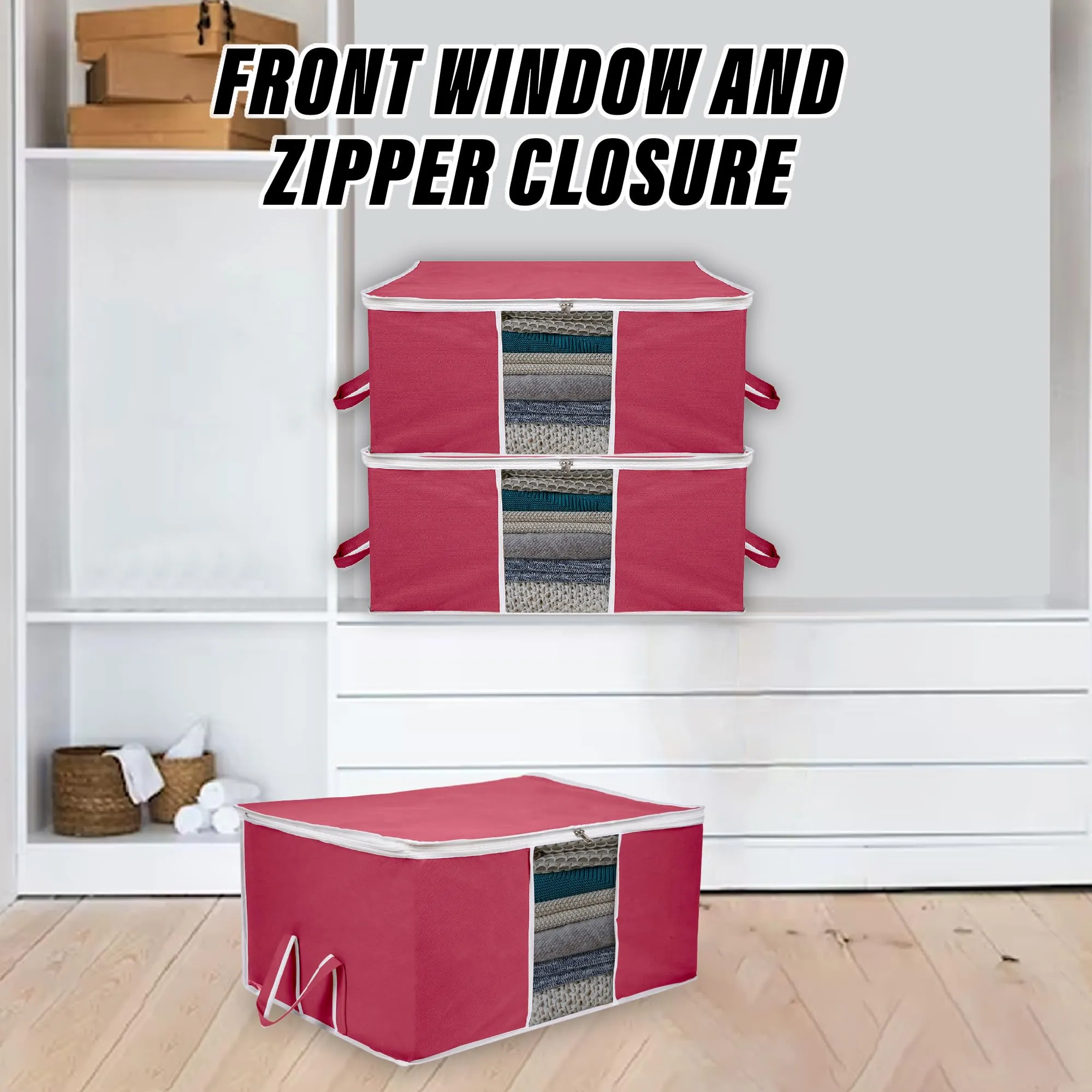 Kuber Industries Underbed Storage Bag | Clothes Storage Organizer | Blanket Cover with Clear Window | Zipper Closure & Handle Cloth Organizer | Plain White Border | Large | Pack of 3 | Maroon