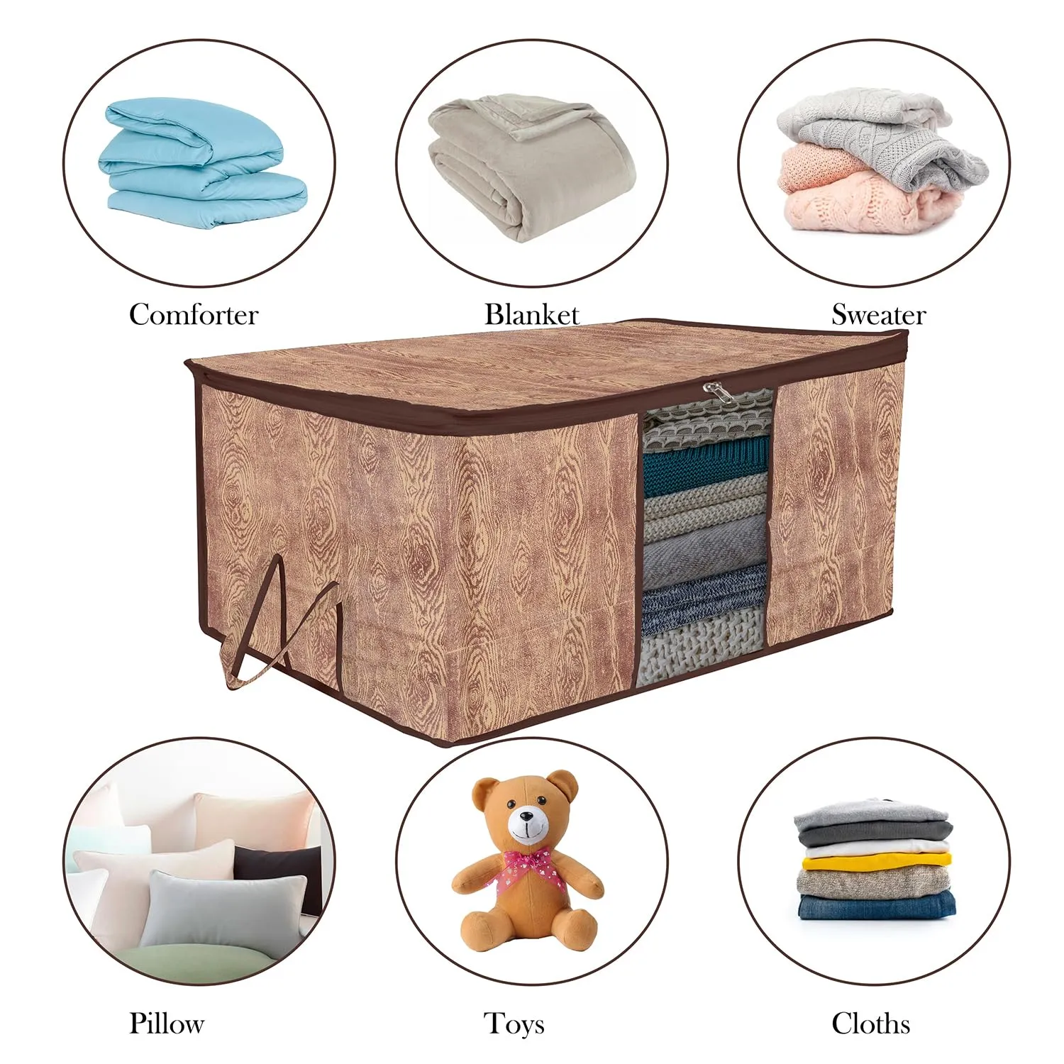 Kuber Industries Underbed Storage Bag | Clothes Storage Organizer | Blanket Cover with Clear Window | Zipper Closure & Handle Cloth Organizer | Wooden Texture-Design | Large | Pack of 3 | Brown