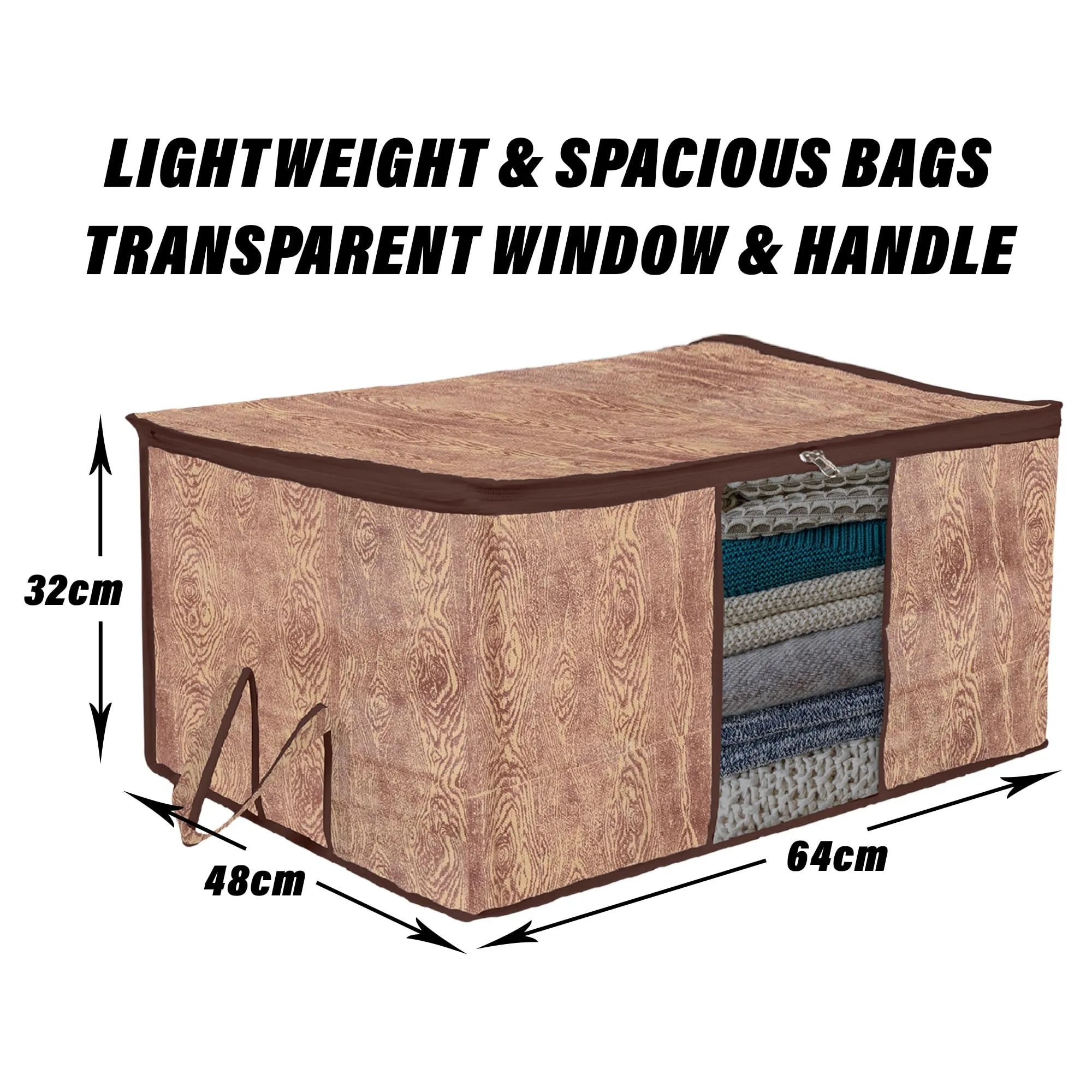 Kuber Industries Underbed Storage Bag | Clothes Storage Organizer | Blanket Cover with Clear Window | Zipper Closure & Handle Cloth Organizer | Wooden Texture-Design | Large | Pack of 3 | Brown
