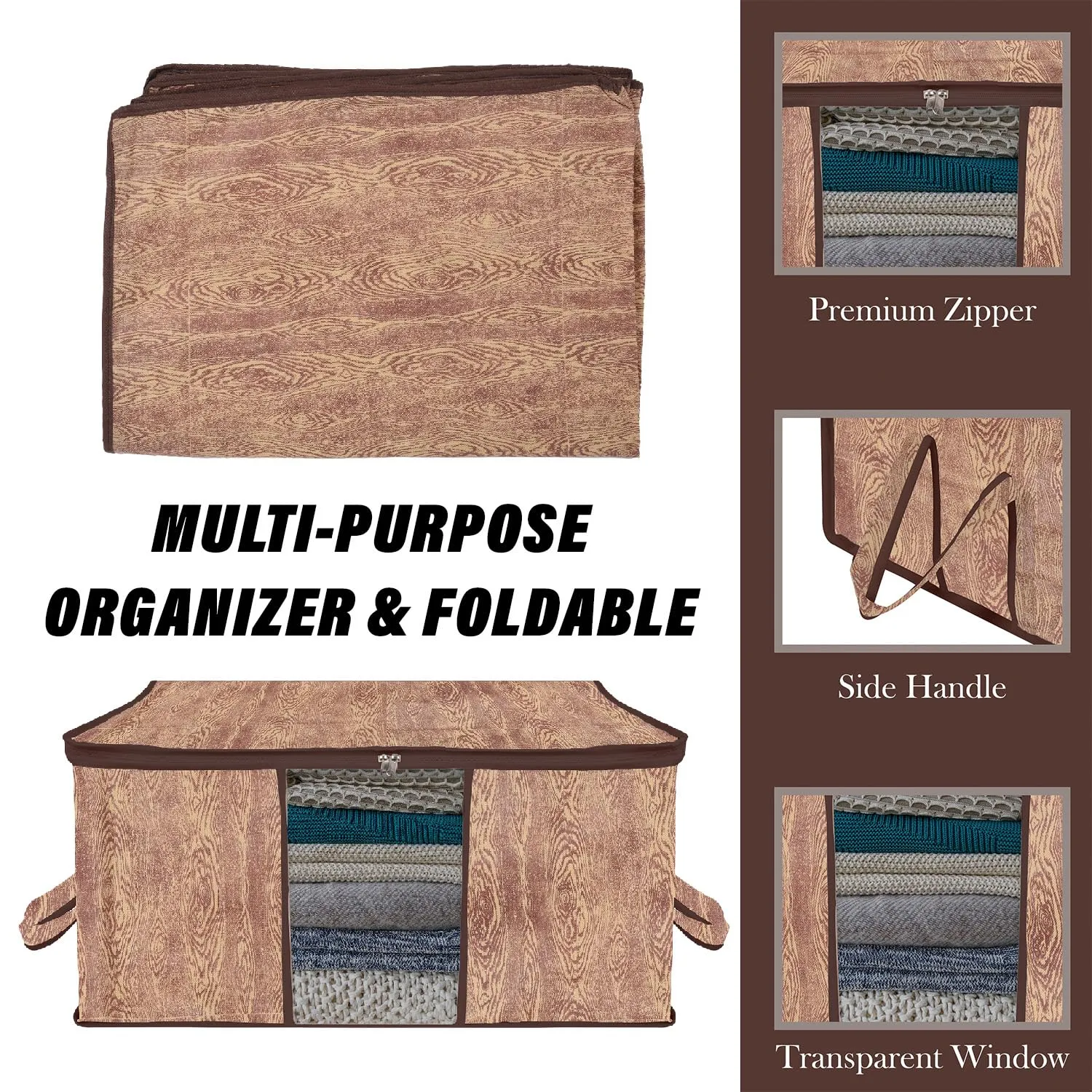 Kuber Industries Underbed Storage Bag | Clothes Storage Organizer | Blanket Cover with Clear Window | Zipper Closure & Handle Cloth Organizer | Wooden Texture-Design | Large | Pack of 3 | Brown