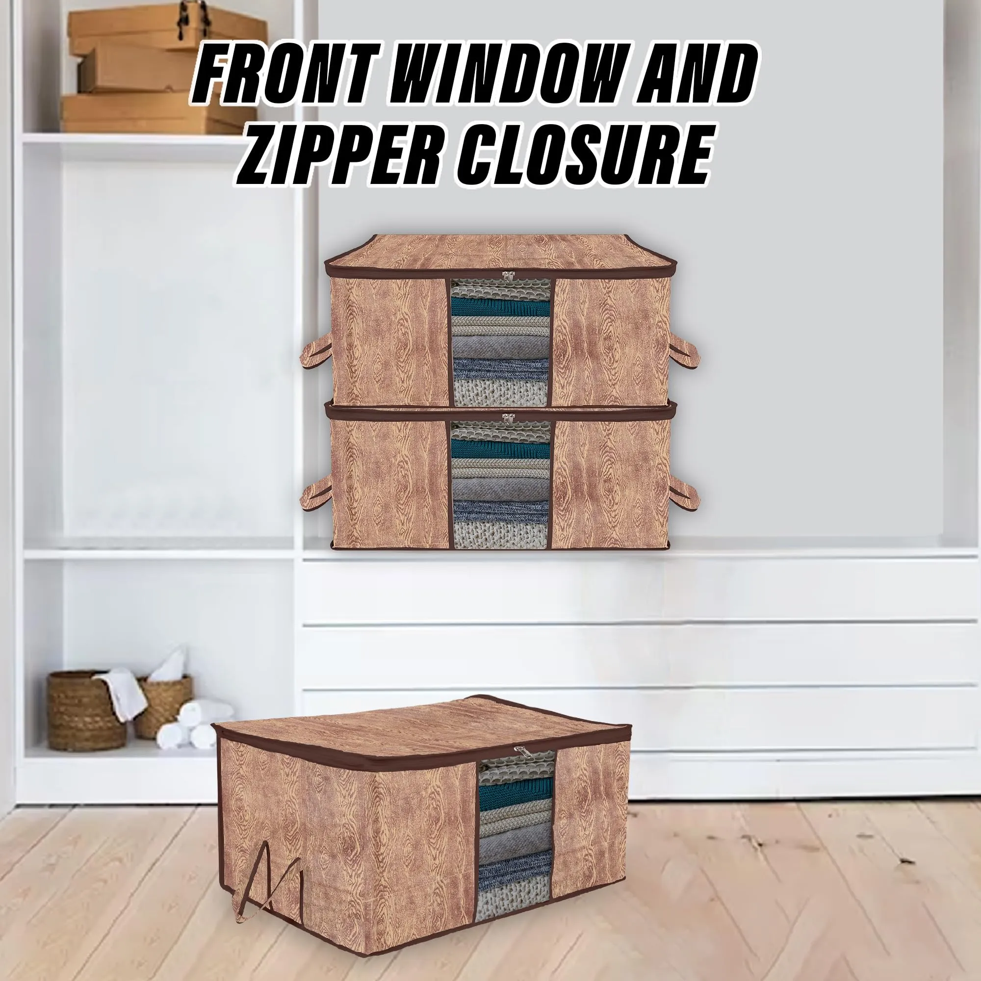 Kuber Industries Underbed Storage Bag | Clothes Storage Organizer | Blanket Cover with Clear Window | Zipper Closure & Handle Cloth Organizer | Wooden Texture-Design | Large | Pack of 3 | Brown
