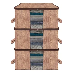 Kuber Industries Underbed Storage Bag | Clothes Storage Organizer | Blanket Cover with Clear Window | Zipper Closure & Handle Cloth Organizer | Wooden Texture-Design | Large | Pack of 3 | Brown