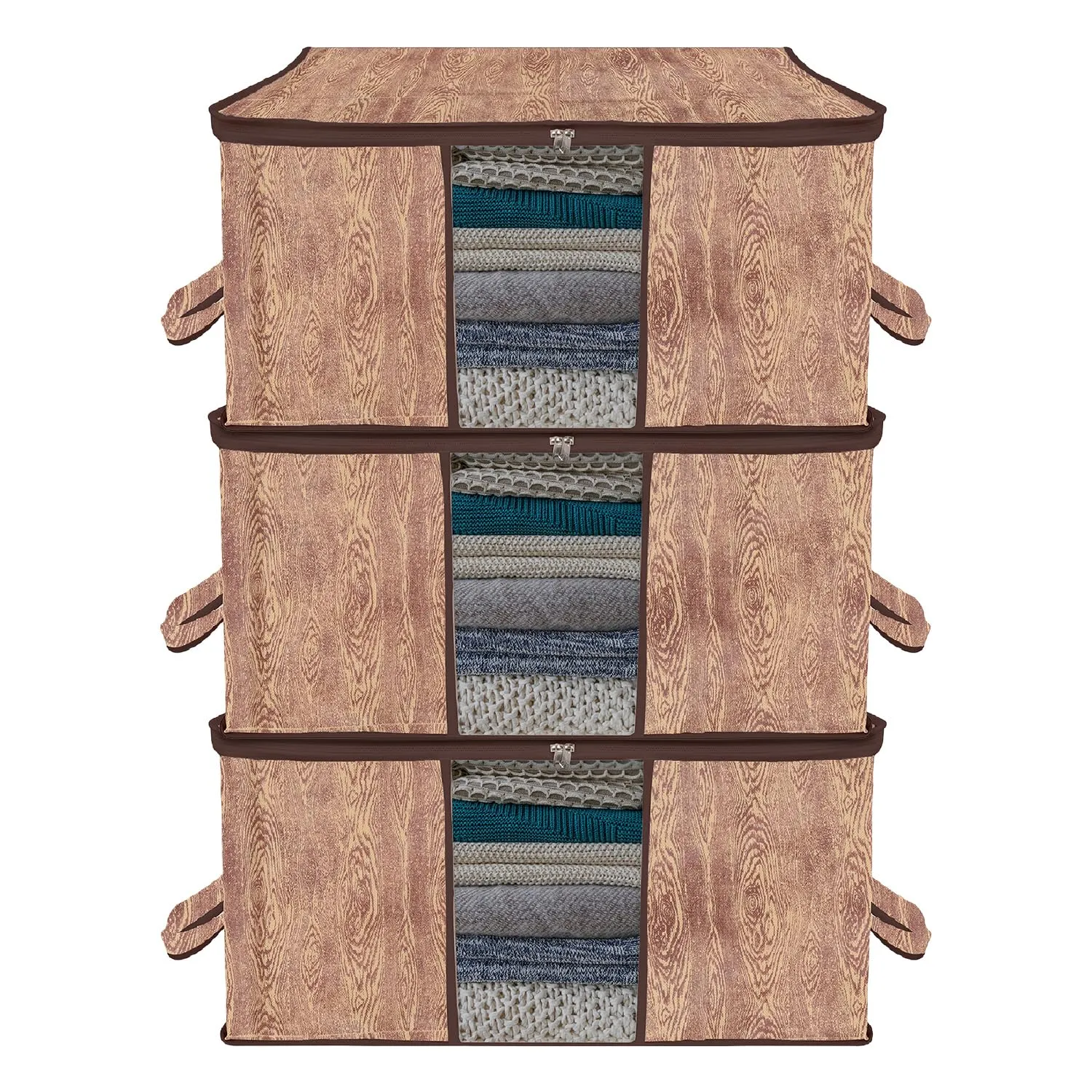 Kuber Industries Underbed Storage Bag | Clothes Storage Organizer | Blanket Cover with Clear Window | Zipper Closure & Handle Cloth Organizer | Wooden Texture-Design | Large | Pack of 3 | Brown