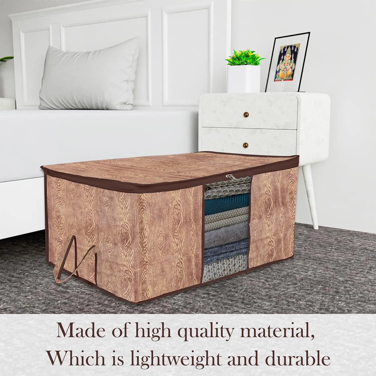 Kuber Industries Underbed Storage Bag | Clothes Storage Organizer | Blanket Cover with Clear Window | Zipper Closure & Handle Cloth Organizer | Wooden Texture-Design | Large | Pack of 3 | Brown