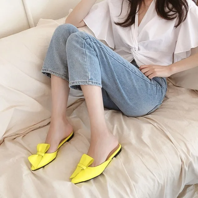 Pointed flat bow slippers women summer wear Baotou half slippers  new fashion lazy sandals women's shoes