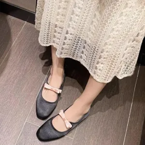 Sohiwoo Plus Size 33-43 Mary Jane Shoes Round Toe Women's Shoes Bow PU and Silk Ballet Flats Spring/Autumn Flats Women Shoes