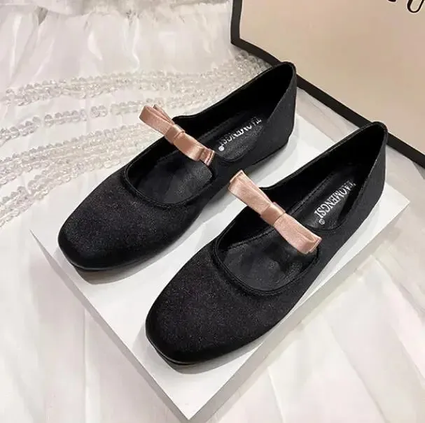 Sohiwoo Plus Size 33-43 Mary Jane Shoes Round Toe Women's Shoes Bow PU and Silk Ballet Flats Spring/Autumn Flats Women Shoes