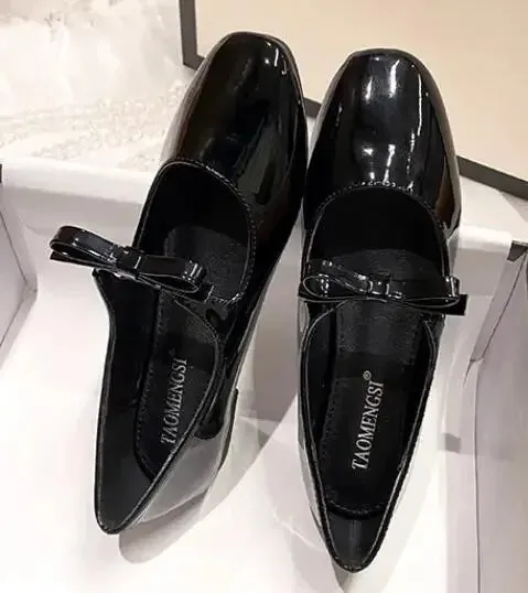 Sohiwoo Plus Size 33-43 Mary Jane Shoes Round Toe Women's Shoes Bow PU and Silk Ballet Flats Spring/Autumn Flats Women Shoes