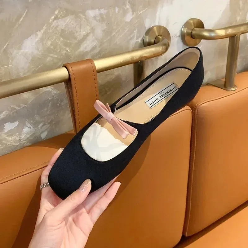 Sohiwoo Plus Size 33-43 Mary Jane Shoes Round Toe Women's Shoes Bow PU and Silk Ballet Flats Spring/Autumn Flats Women Shoes