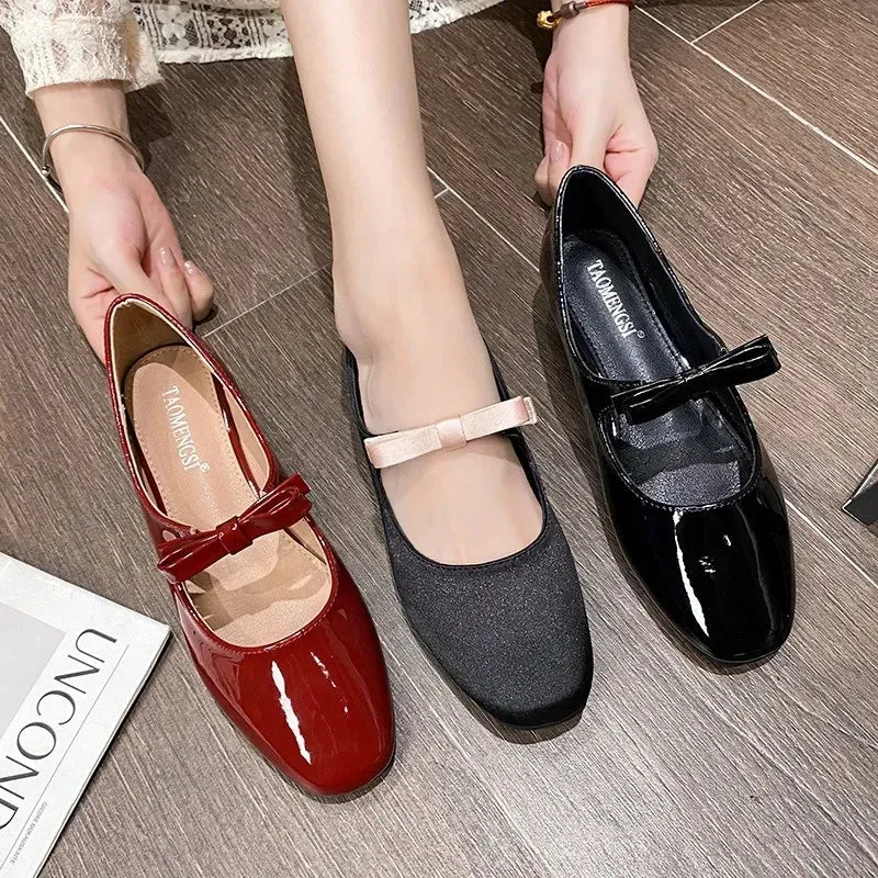 Sohiwoo Plus Size 33-43 Mary Jane Shoes Round Toe Women's Shoes Bow PU and Silk Ballet Flats Spring/Autumn Flats Women Shoes
