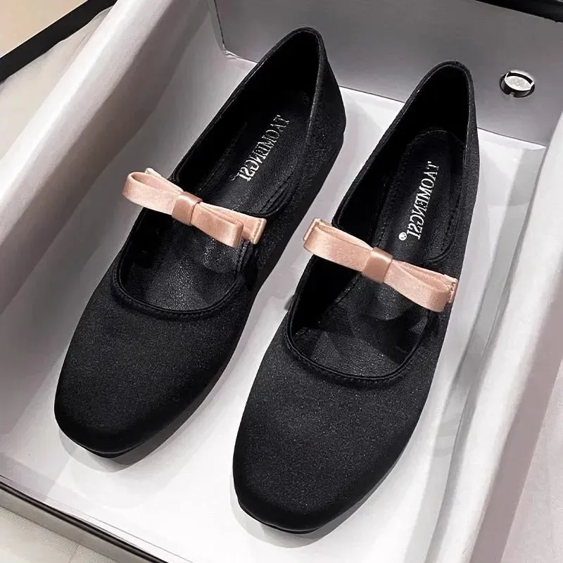 Sohiwoo Plus Size 33-43 Mary Jane Shoes Round Toe Women's Shoes Bow PU and Silk Ballet Flats Spring/Autumn Flats Women Shoes