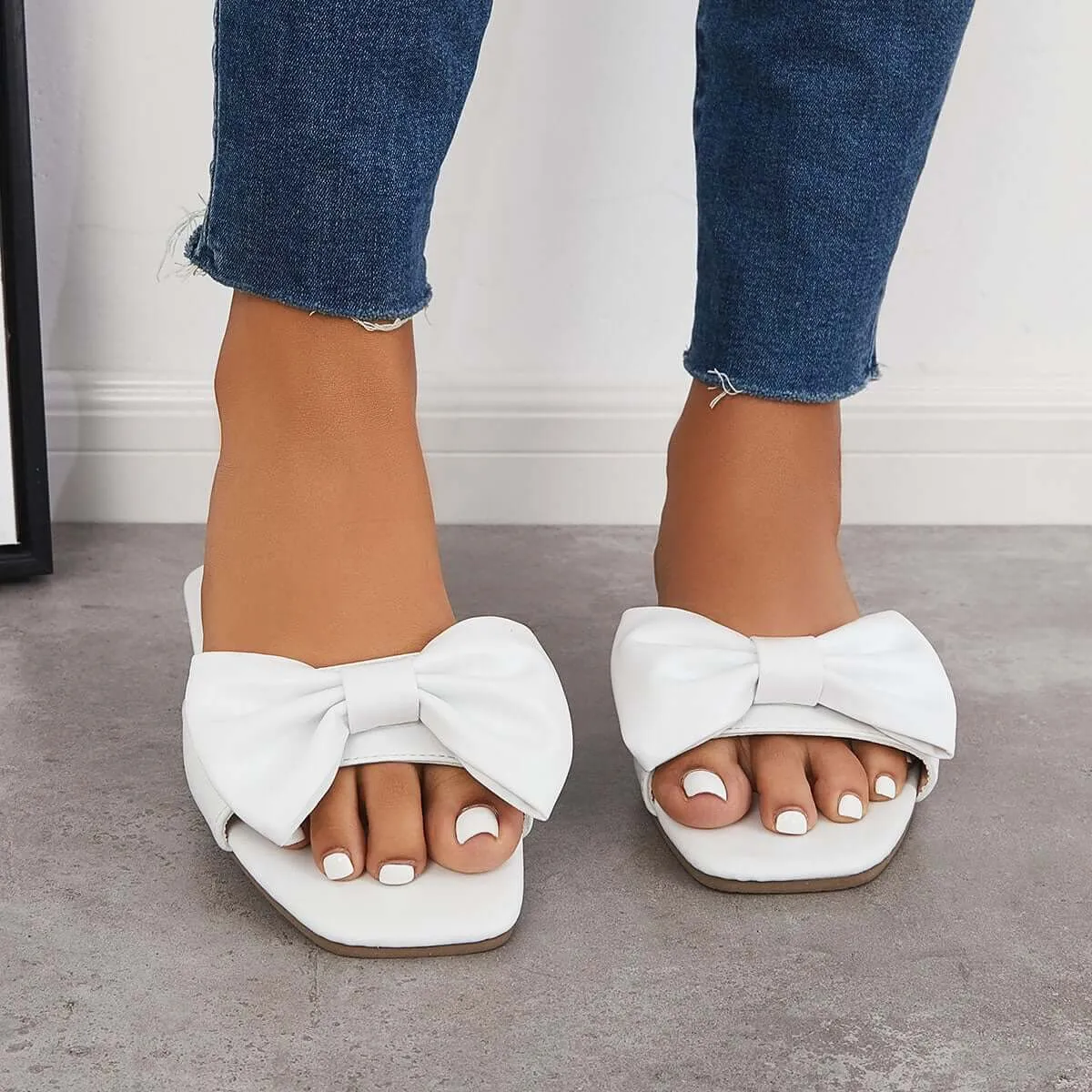 Sohiwoo Women Bowknot Flat Slippers Slip on Slide Sandals