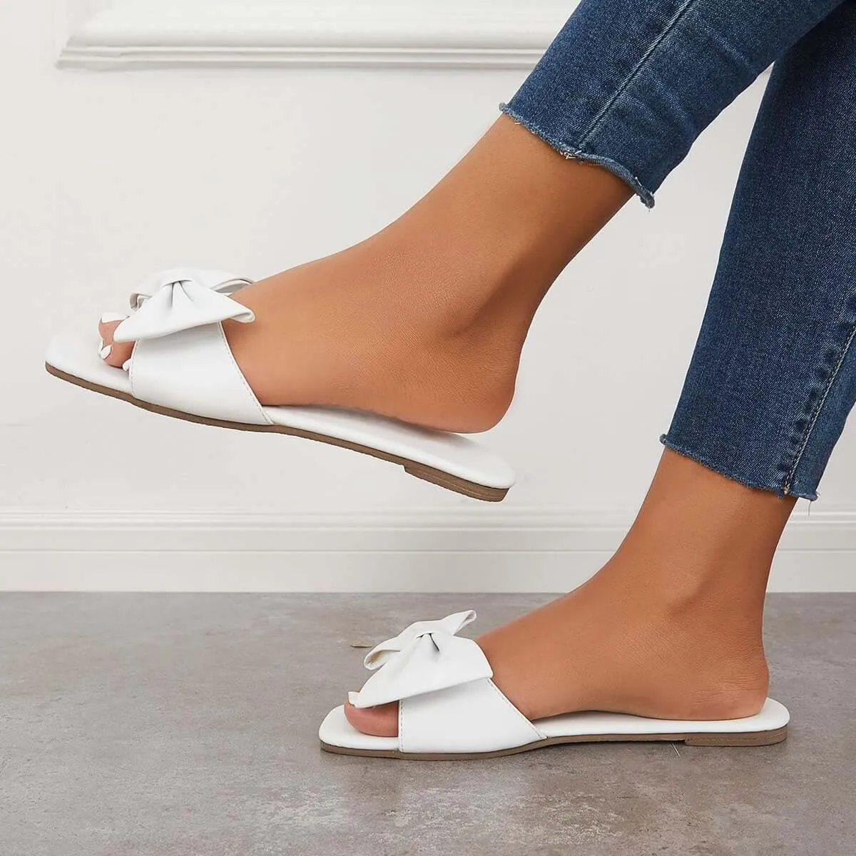Sohiwoo Women Bowknot Flat Slippers Slip on Slide Sandals