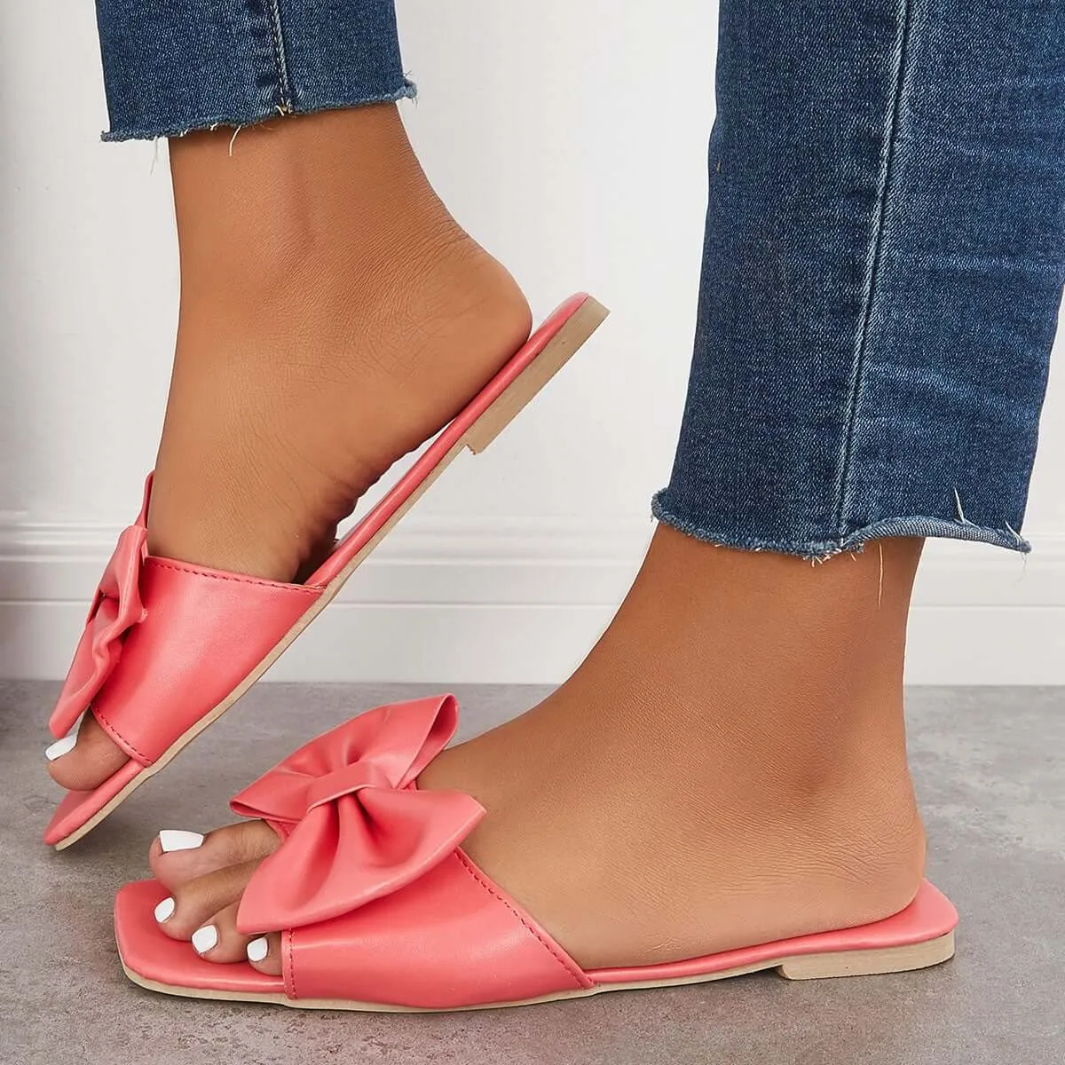Sohiwoo Women Bowknot Flat Slippers Slip on Slide Sandals