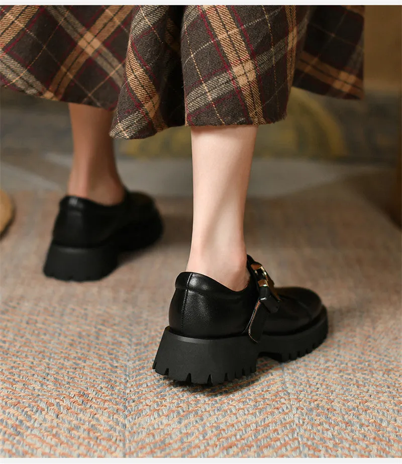 Spring Genuine Leather Flat Platform Women Shoes Fashion Slip-On Platform Shoes Casual Round Toe Heel Handmade Shoes Woman