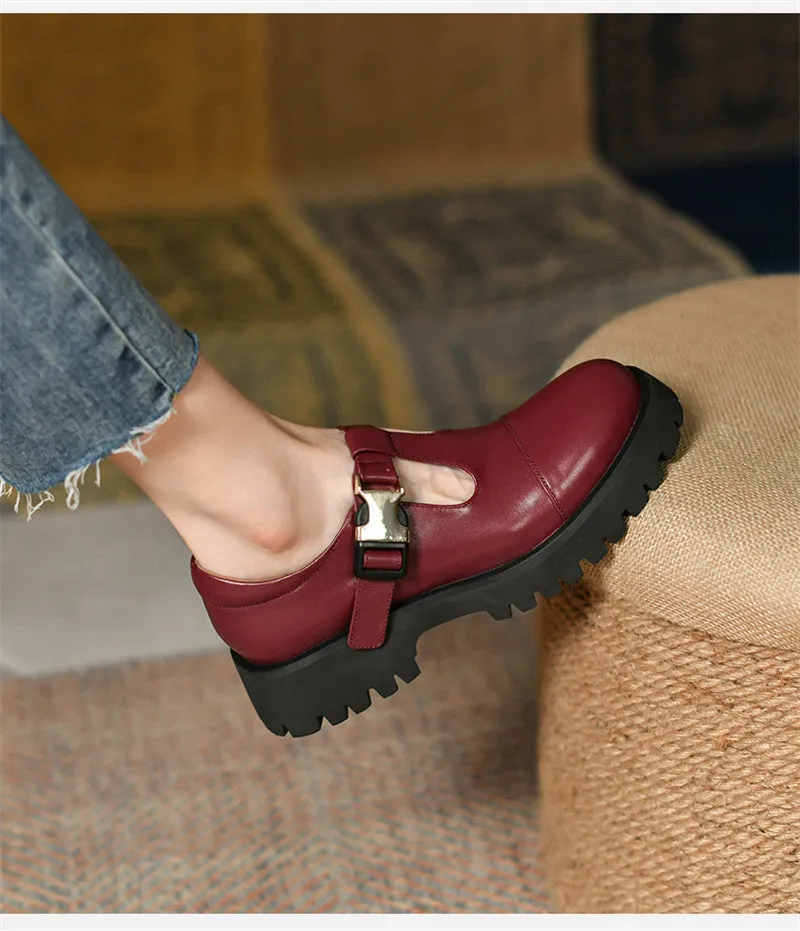 Spring Genuine Leather Flat Platform Women Shoes Fashion Slip-On Platform Shoes Casual Round Toe Heel Handmade Shoes Woman