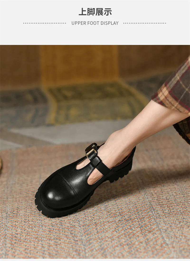 Spring Genuine Leather Flat Platform Women Shoes Fashion Slip-On Platform Shoes Casual Round Toe Heel Handmade Shoes Woman