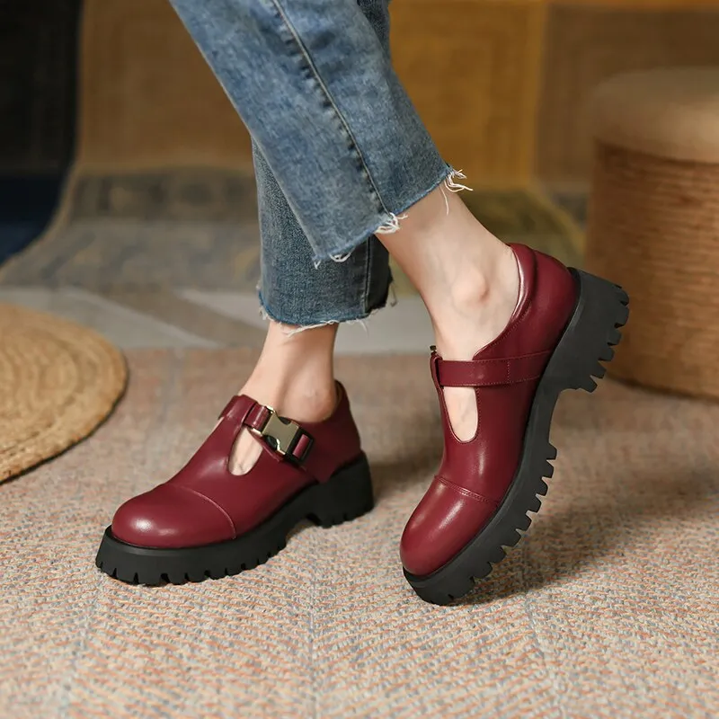Spring Genuine Leather Flat Platform Women Shoes Fashion Slip-On Platform Shoes Casual Round Toe Heel Handmade Shoes Woman
