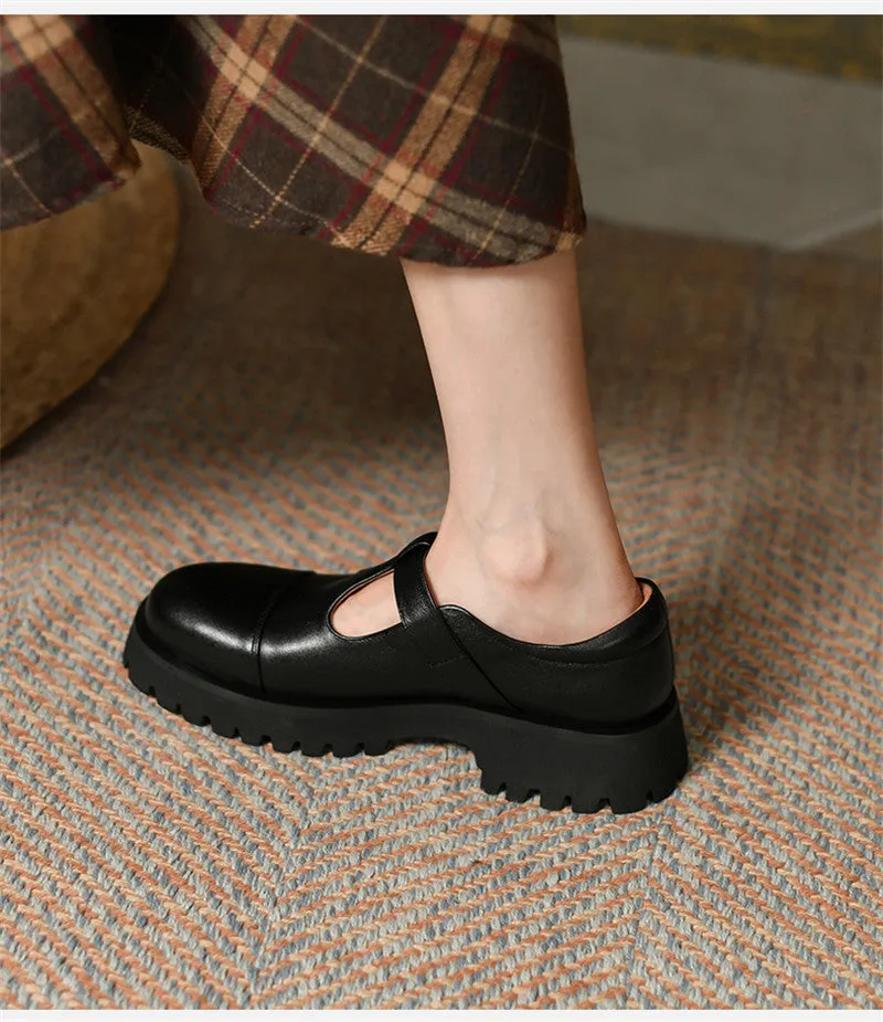 Spring Genuine Leather Flat Platform Women Shoes Fashion Slip-On Platform Shoes Casual Round Toe Heel Handmade Shoes Woman