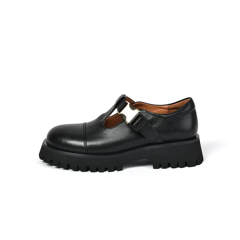 Spring Genuine Leather Flat Platform Women Shoes Fashion Slip-On Platform Shoes Casual Round Toe Heel Handmade Shoes Woman