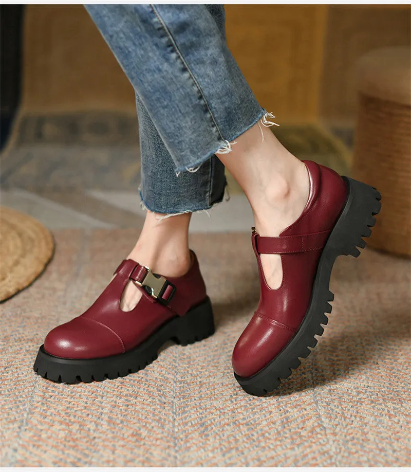 Spring Genuine Leather Flat Platform Women Shoes Fashion Slip-On Platform Shoes Casual Round Toe Heel Handmade Shoes Woman