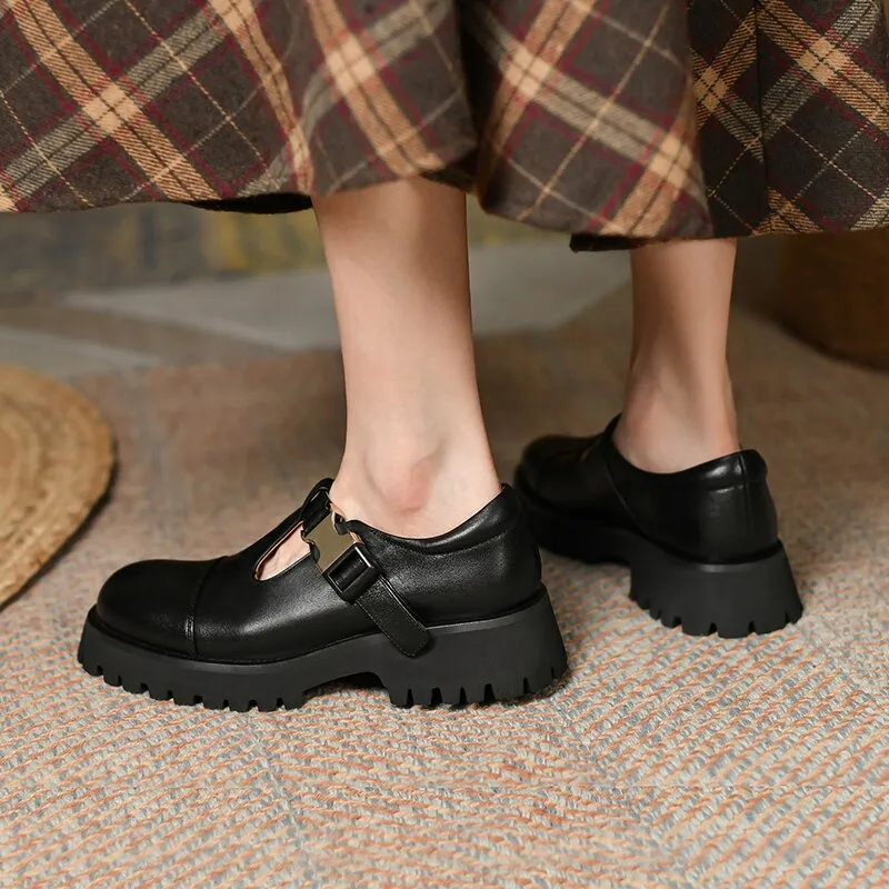 Spring Genuine Leather Flat Platform Women Shoes Fashion Slip-On Platform Shoes Casual Round Toe Heel Handmade Shoes Woman